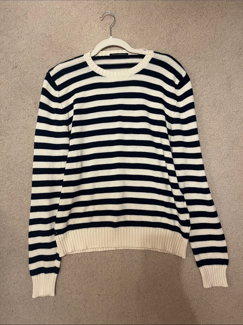 Brandy Melville Navy and Cream Striped Crewneck Sweater